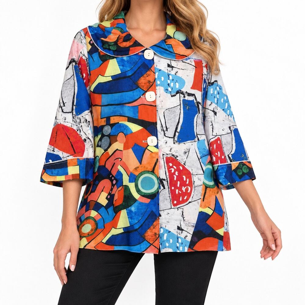 RADZOLLI Sz XXL 2X Wearable Art Vibrant Unique Blouse Shirt Top Tropical Artsy